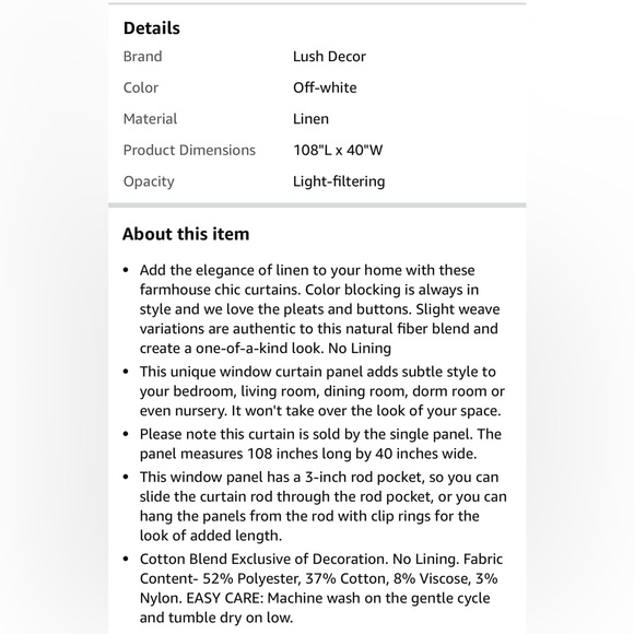 Curtain panels, Chic Farmhouse, Linen, 40”W x 108”L - Picture 4 of 4